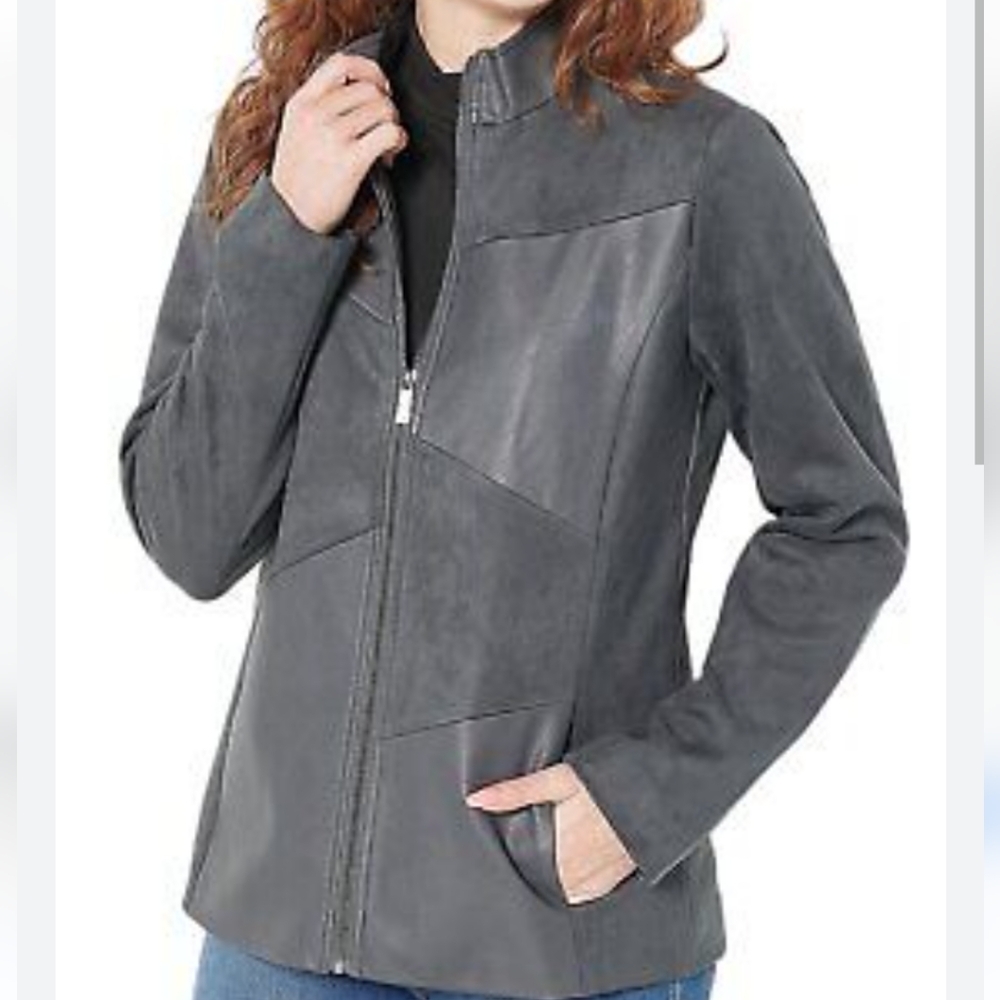 Belle by Kim Gravel Graphite Faux Leather and Faux Suede Zip Up Jacket